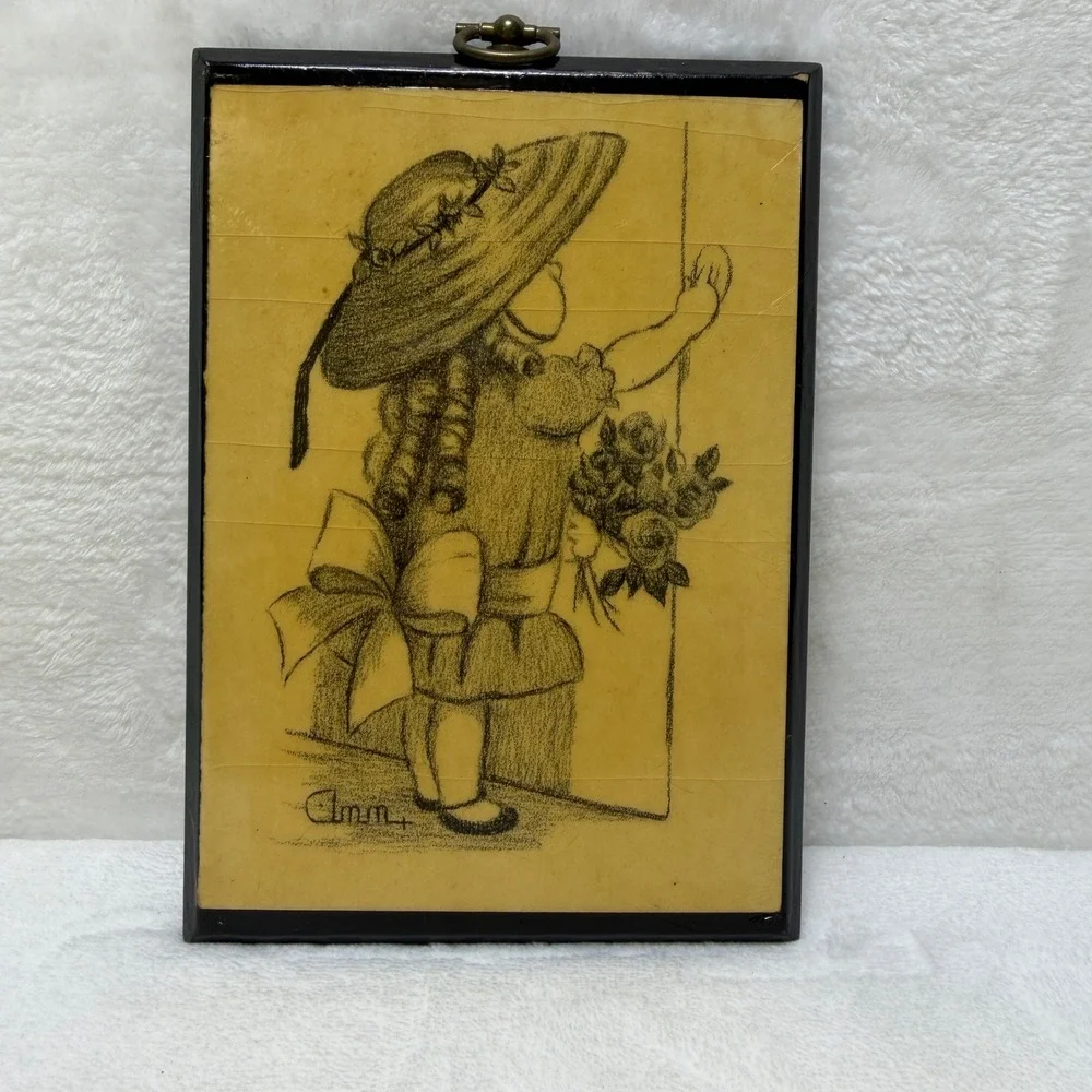 Vintage 1972 Ann Adams Wood Plaque Decoupage Girl in Sun‎ Hat Sketch Wall Art